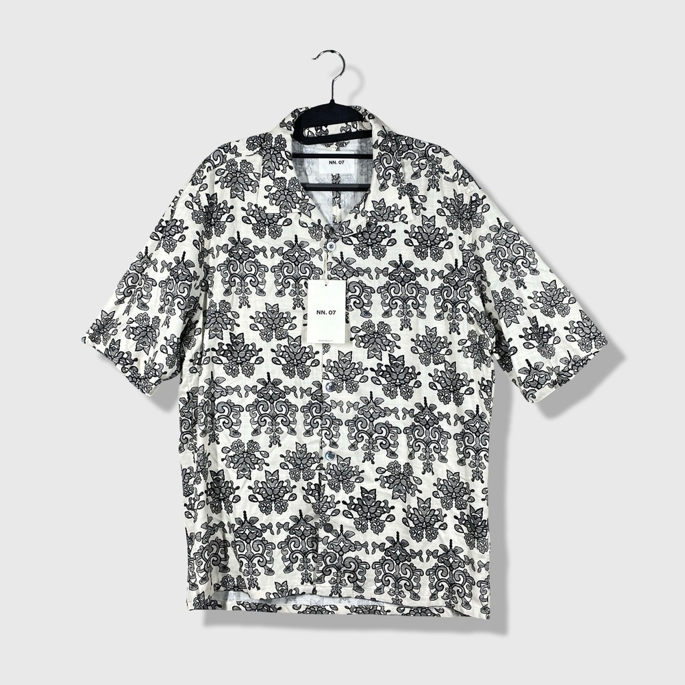 NN.07 Ole SS Shirt Mens Medium White Black Bohemian Coastal Baroque Summer NWT